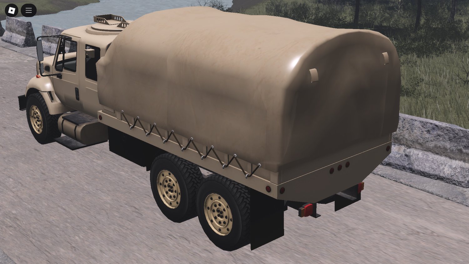 Beige truck transporting troops in Roblox