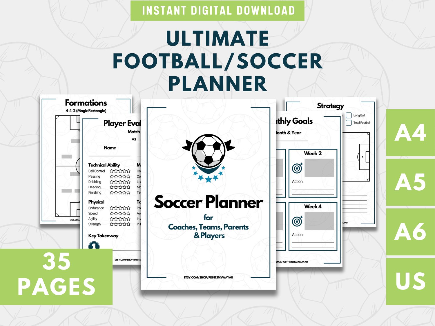35 page soccer coaching planner bundle with printable football strategy sheets