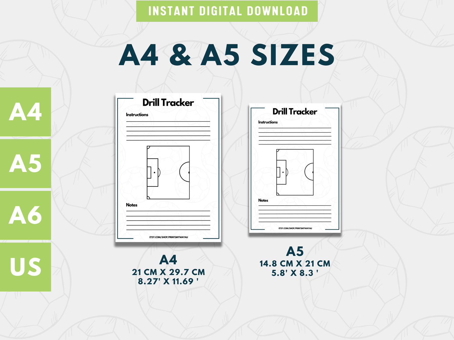 Printable football coaching planner shown in A4 and A5 sizes for easy printing