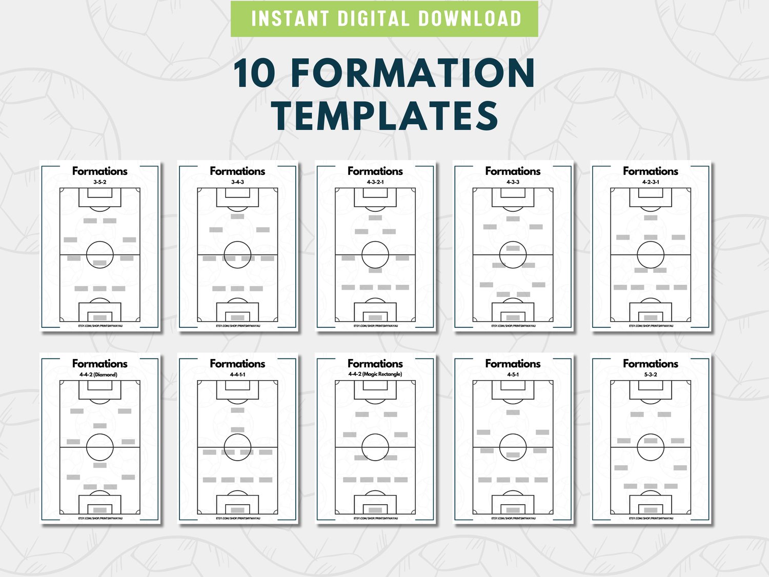 Printable football coaching formation templates sheet with multiple soccer lineup options