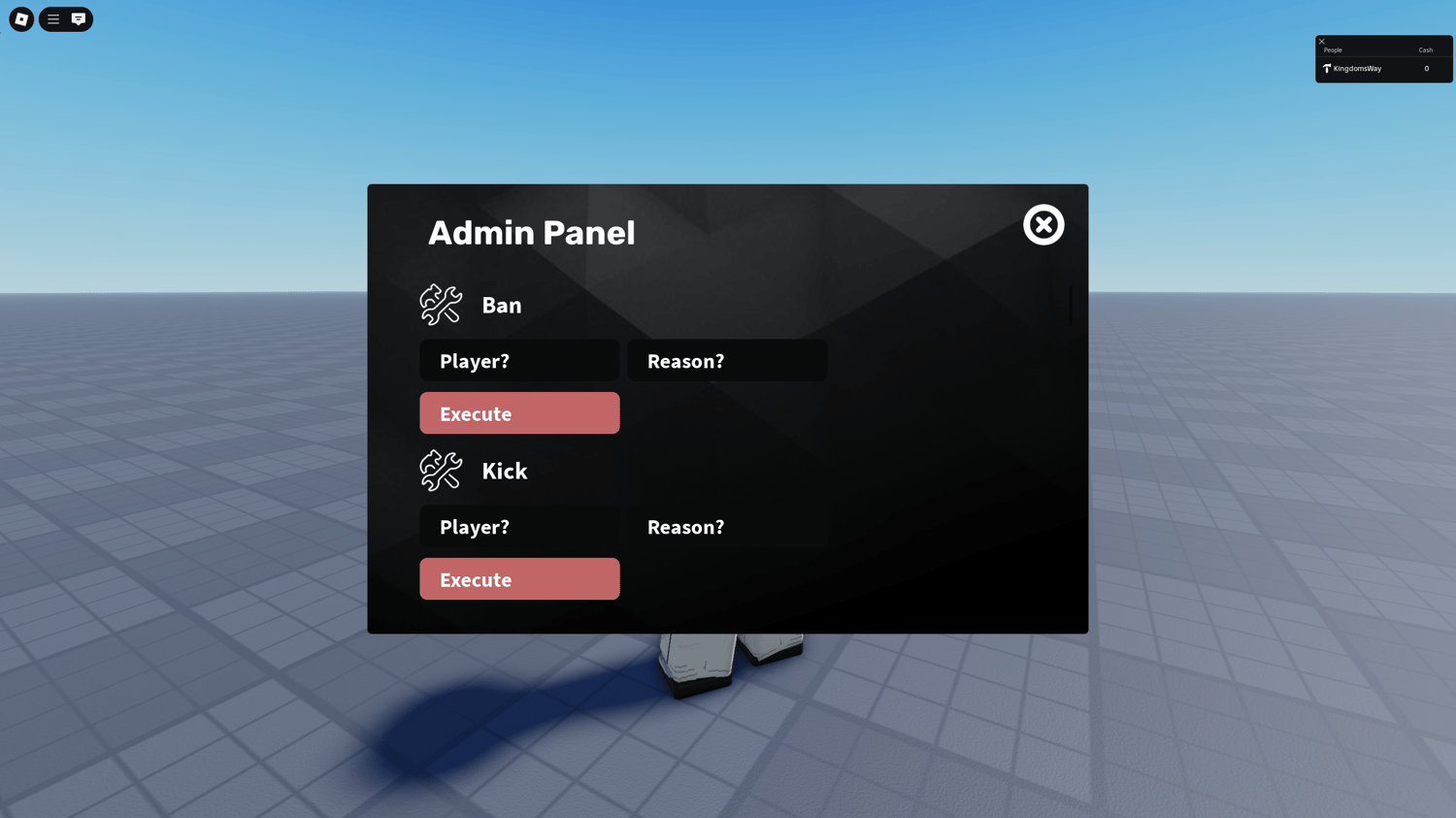 Roblox admin panel with core commands only