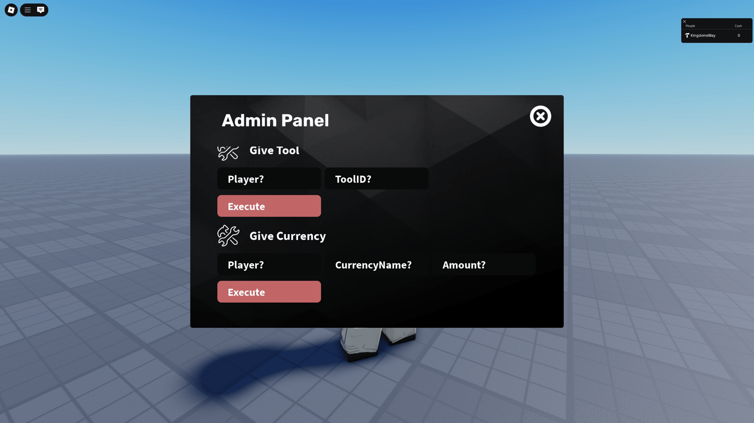Roblox admin UI system for serious games