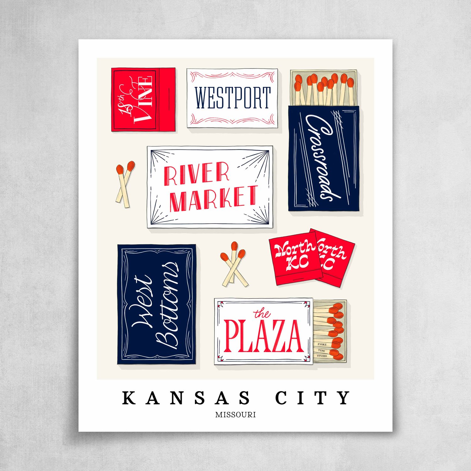 A collection of red, white and blue matchbooks featuring 7 neighborhoods in Kansas City, Missouri