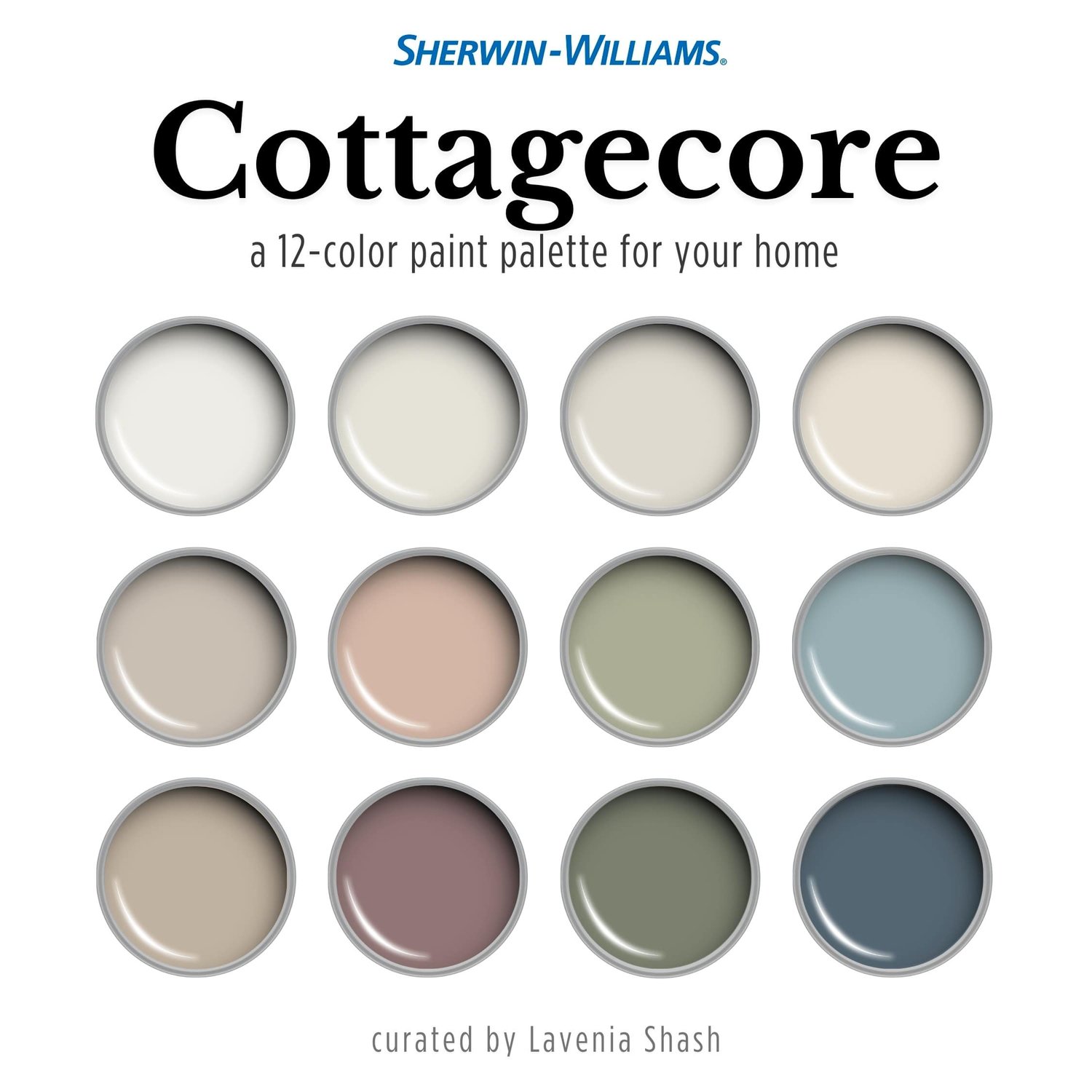 Professionally curated Cottagecore interior design color scheme with Sherwin Williams paint colors. Color Palette created by Lavenia Shash.