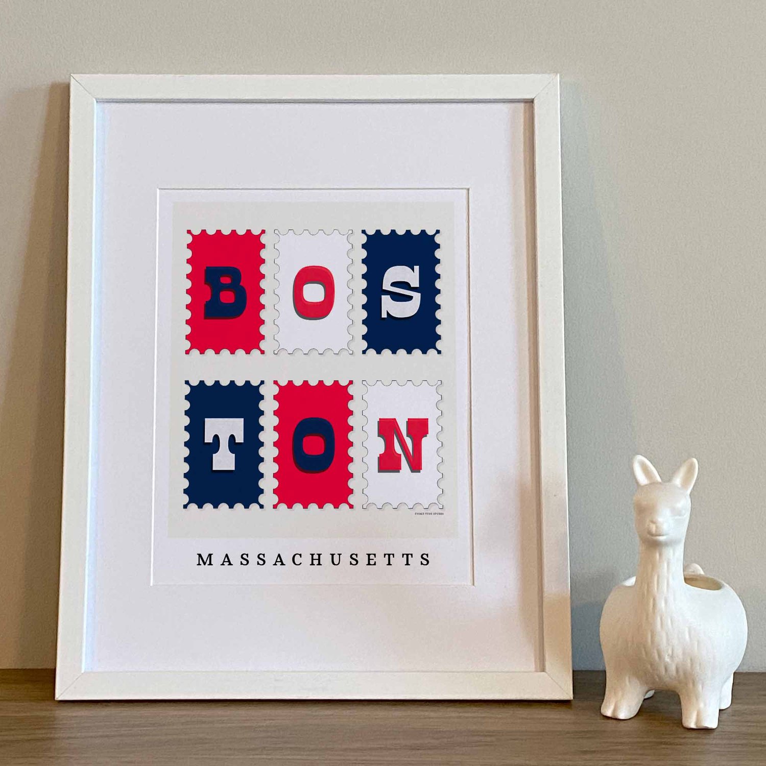 Boston city art print with expressive inverted lettering arranged in a postage stamp inspired layout.