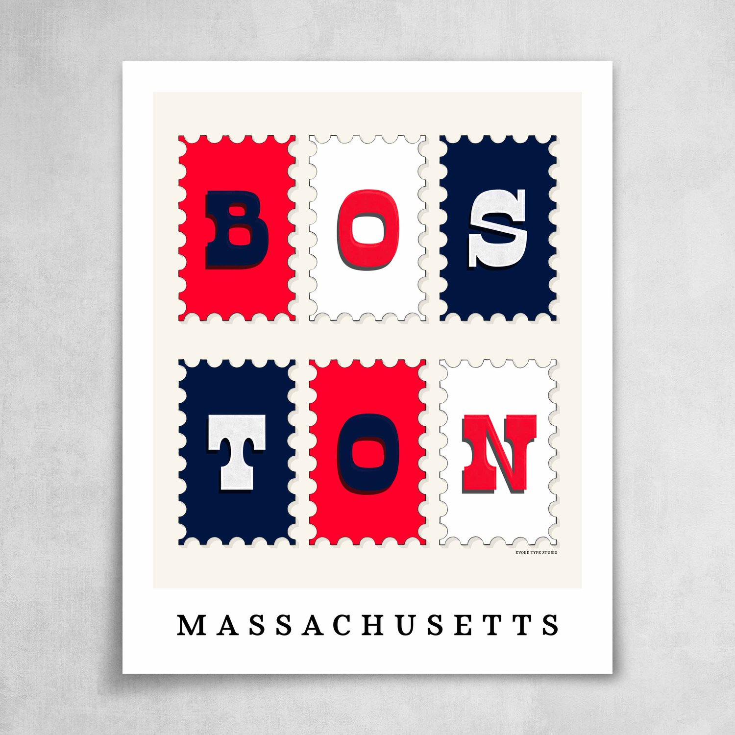 A collection of red, white and blue postage stamps featuring Boston, Massachusetts
