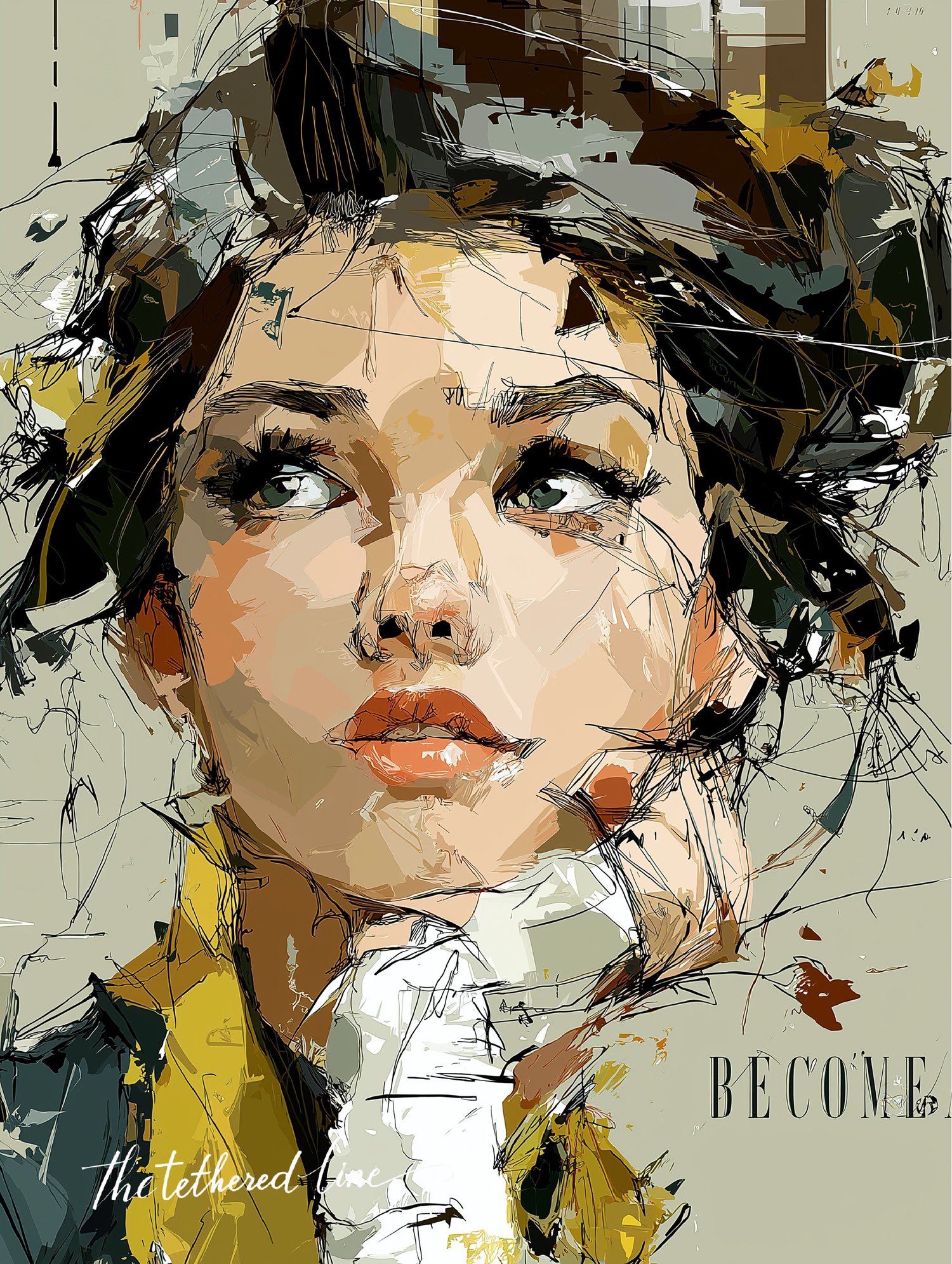 Digital art print by The Tethered Line — In Her Words Collection — portrait of a woman with bold typography “Become”