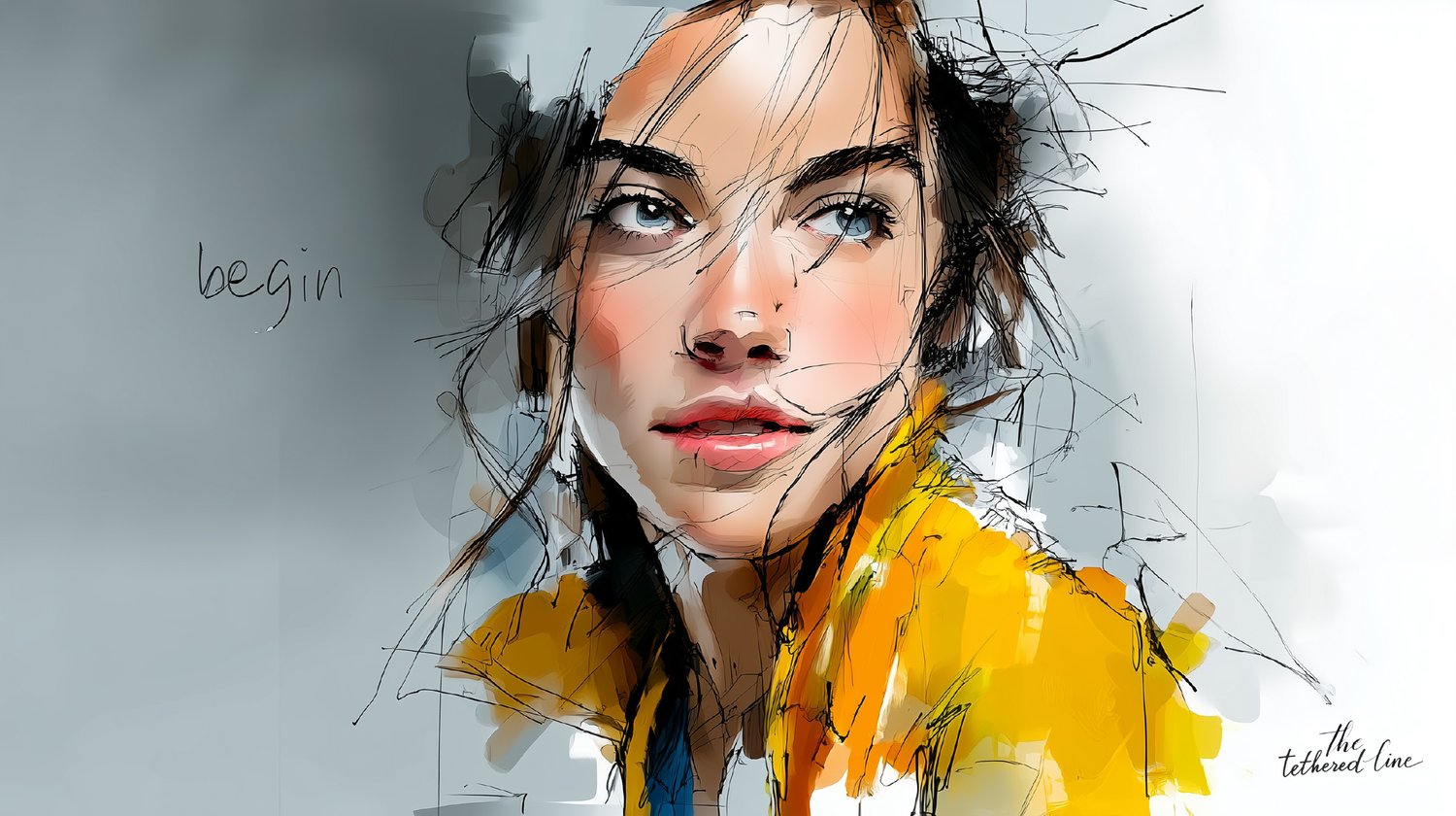 Digital print by The Tethered Line — In Her Words Collection — expressive portrait of a woman with colorful brush lines