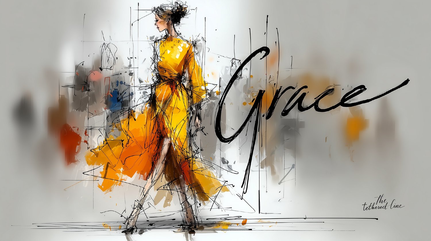 Digital line art by The Tethered Line — In Her Words Collection — abstract female figure with text overlay “Grace”
