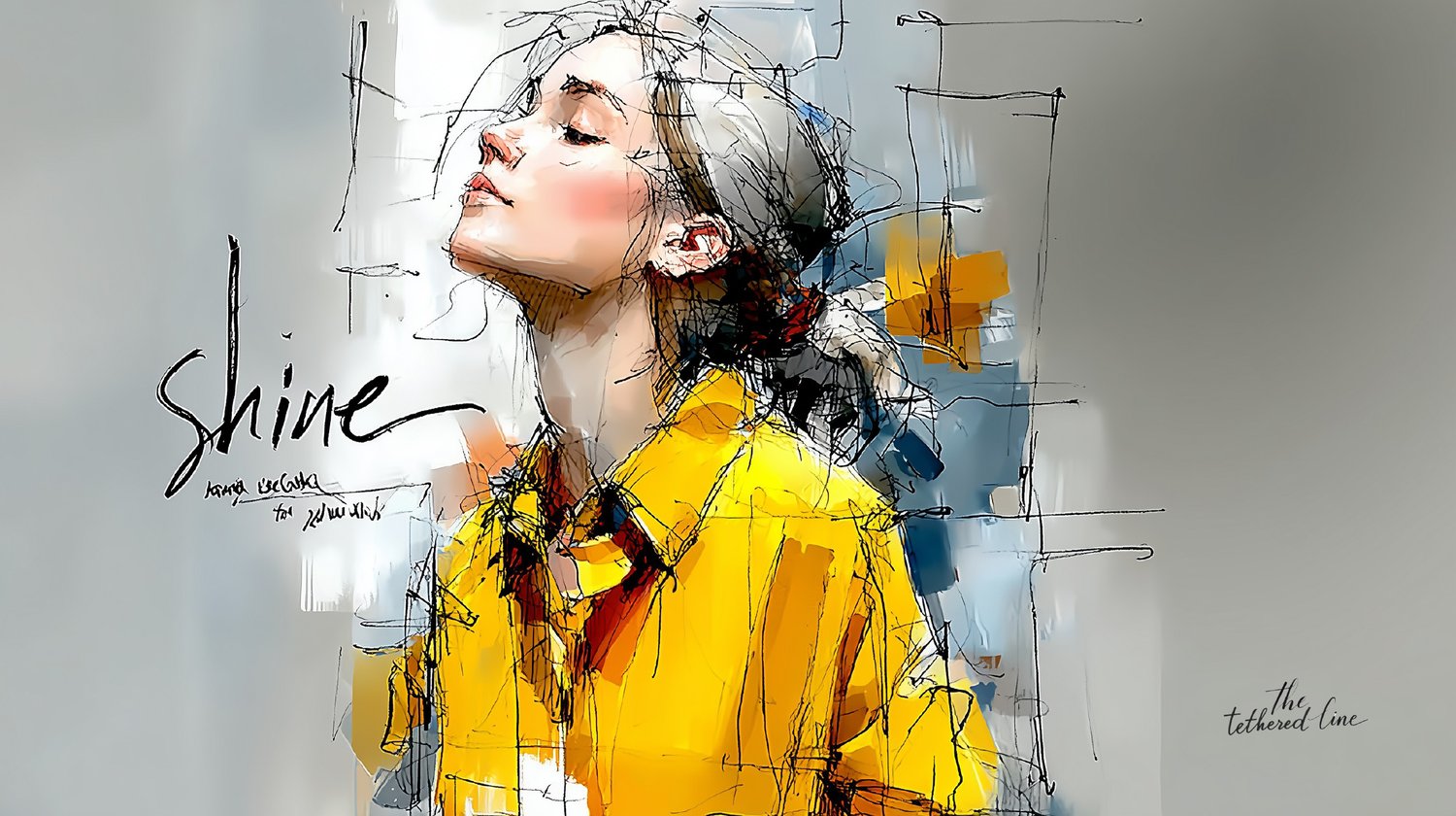 Digital art poster by The Tethered Line — In Her Words Collection — vibrant color portrait with handwritten style text that says "Shine"