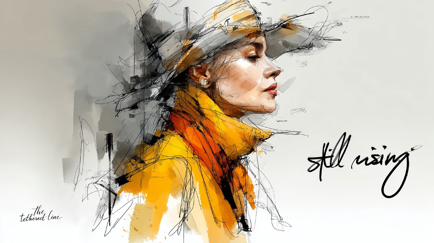 Digital print by The Tethered Line — In Her Words Collection — expressive portrait of a woman with colorful brush lines with the words "Still Rising"