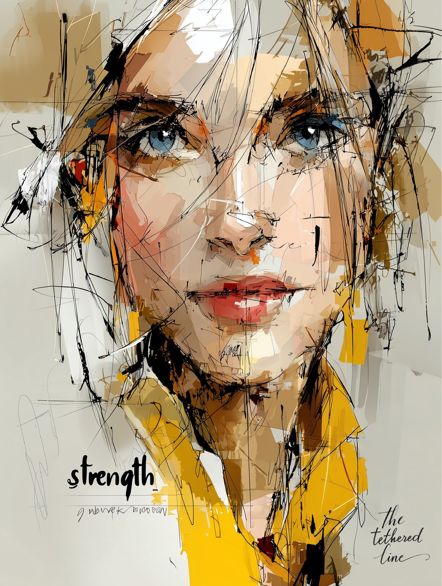 Digital illustration by The Tethered Line — In Her Words Collection — abstract woman in motion, muted jewel tones