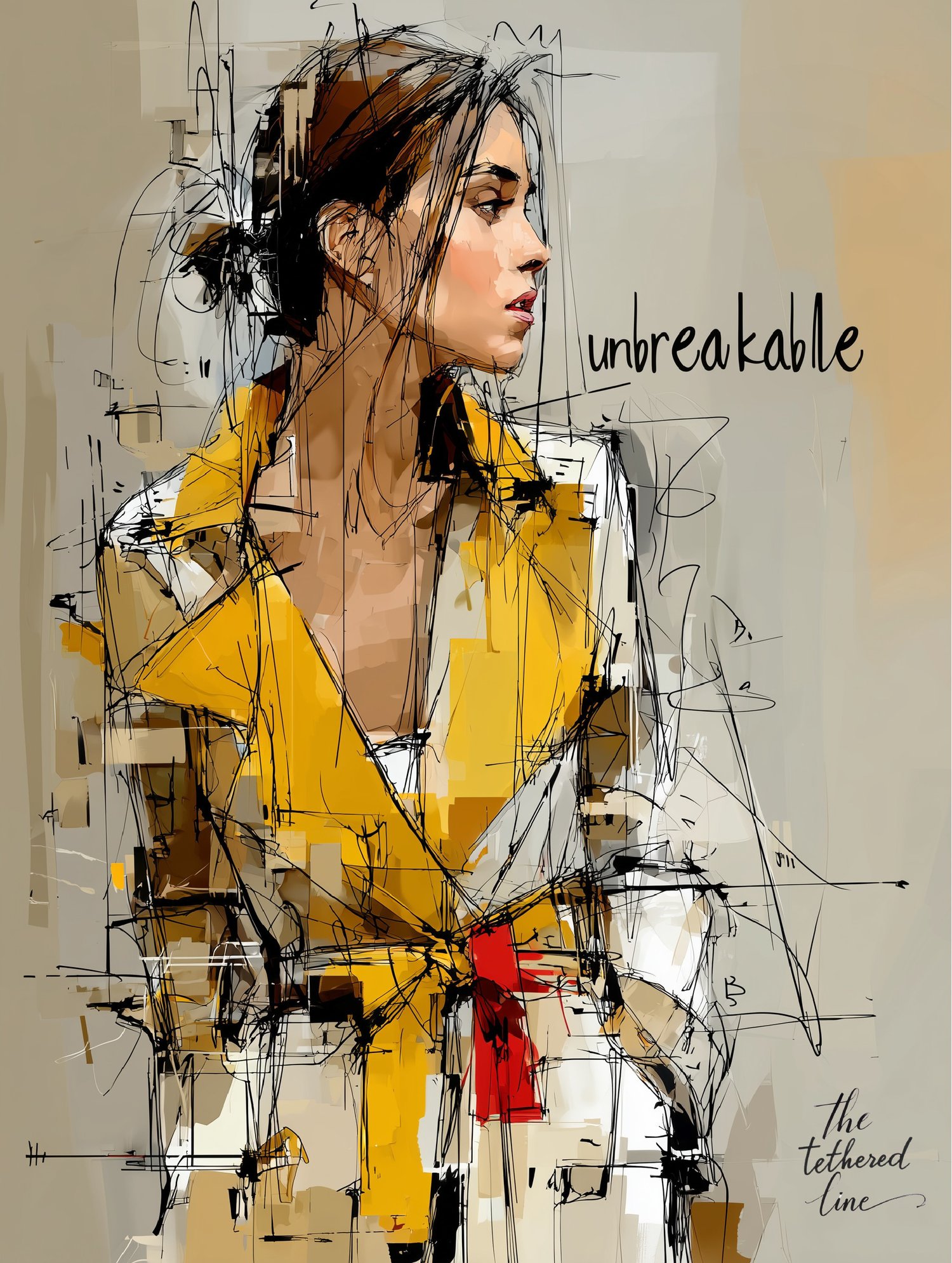 Digital line art print by The Tethered Line — In Her Words Collection — stylized woman’s face with layered textures