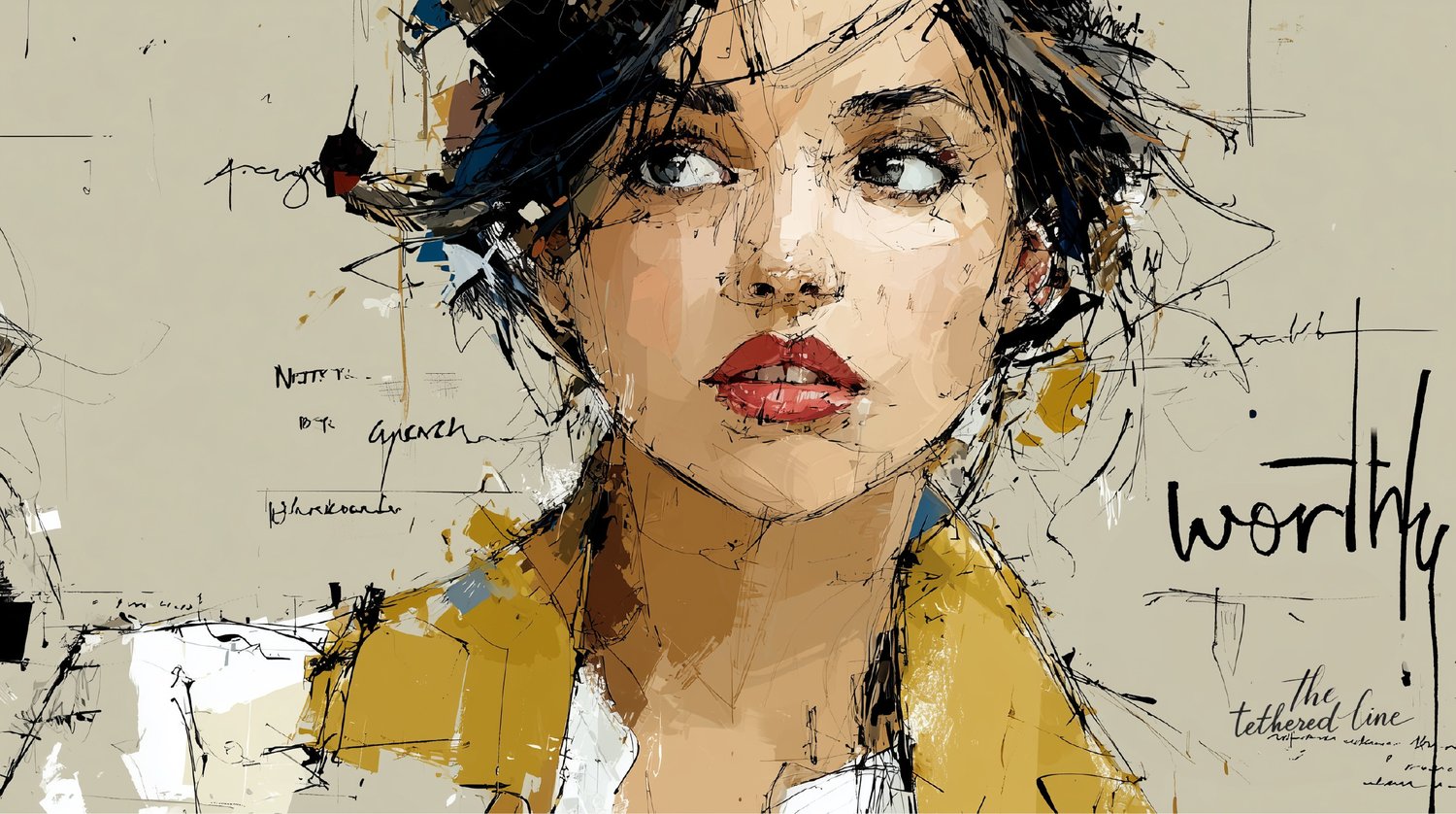Digital illustration by The Tethered Line — In Her Words Collection — abstract woman in motion, muted jewel tones with text overlay of "Worthy"