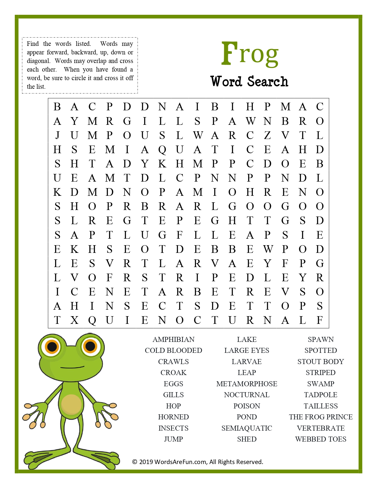 Frog Word Search Puzzle | Fun Amphibian & Pond Life Activity for Kids ...