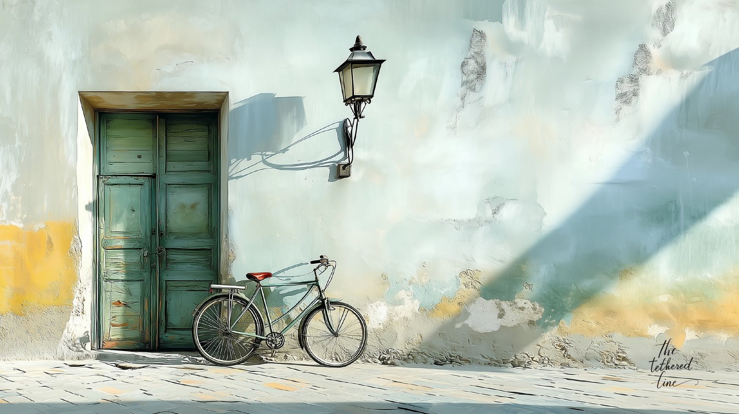 Vintage bicycle illustration with rustic brick wall, used in card wrting prompts on The Tethered Line - symbolizing everyday freedom.