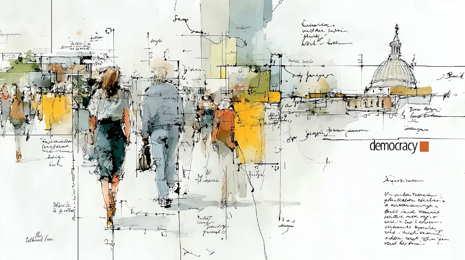 We The People artwork — urban scene with Capitol dome in mixed-media sketch style, part of The Tethered Line collection honoring democracy and resilience