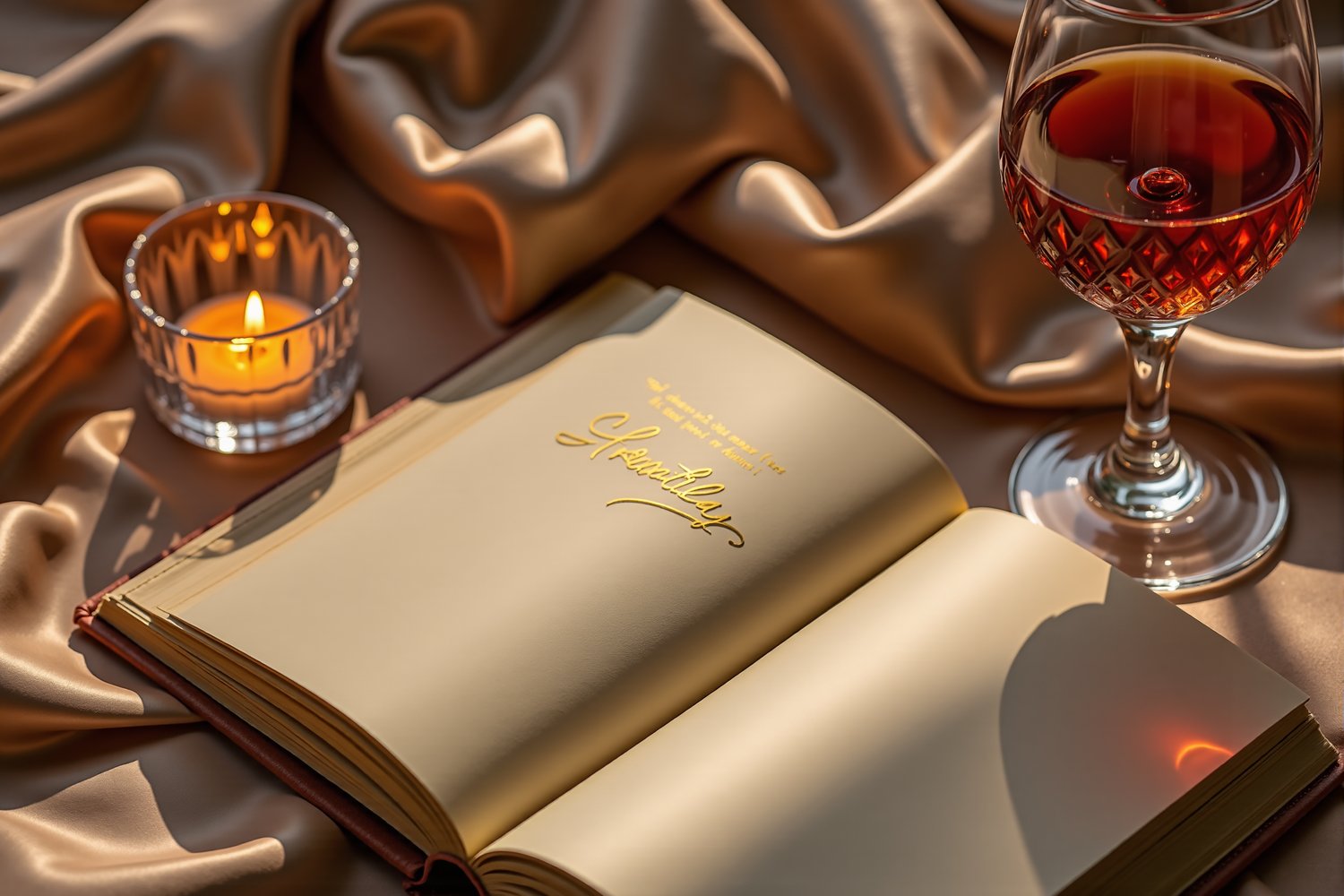 “Luxury flatlay of coffee cup, whiskey glasses, gold pen, and satin cloth in warm morning light, representing exhaustion industrial complex.”