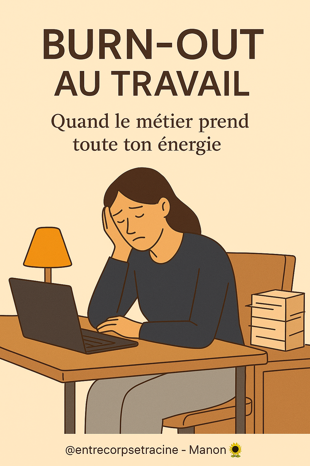 Illustration d’une femme épuisée assise à son bureau, symbole du burn-out au travail et de la santé mentale mise à l’épreuve.Visuel “Burn-out au travail” : titre clair, mantra “Quand le métier prend toute ton énergie”, illustration d’une femme fatiguée de