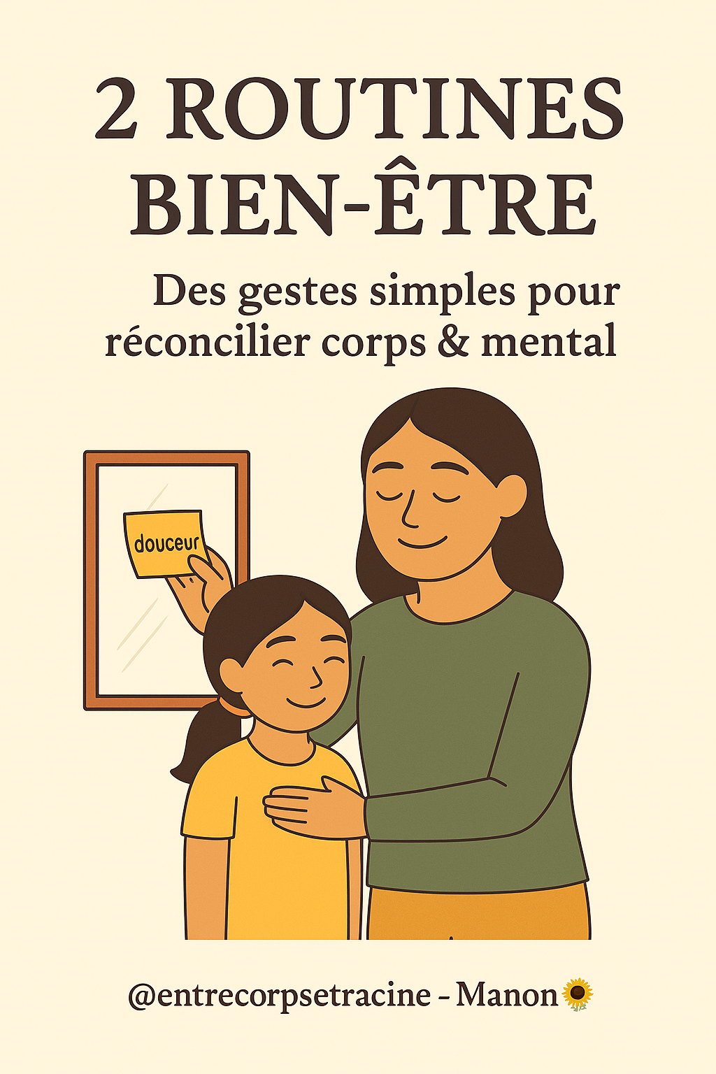2-routines-bien-etre-corps-mental-maman-enfant.png Alt text: Illustration d’une maman et de sa fille devant un miroir, pratiquant des routines bien-être simples pour réconcilier corps et mental Description: Visuel “2 routines bien-être” : une mère et sa f