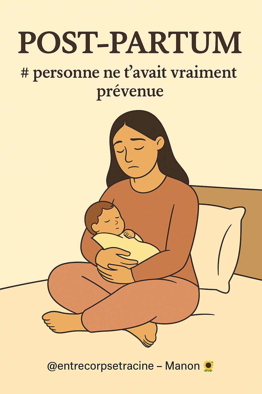 Post-partum : témoignage vécu en période COVID, reprise des études et solitude. Routines douces, charge mentale, santé physique et émotionnelle après l’accouchement. POST PARTUM. VISUEL