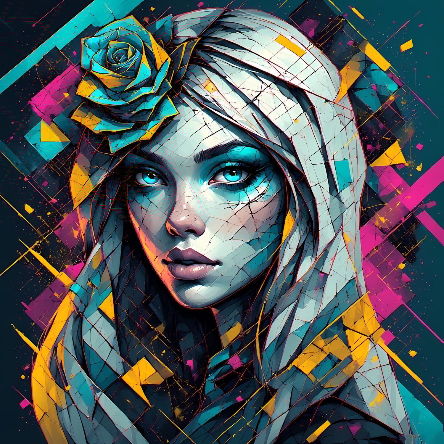 A bold Cubist Cyberpunk portrait of a futuristic woman with long, wavy hair rendered in angular, abstract segments. A crystalline teal rose is tucked into her hair. Her glowing teal eyeshadow contrasts sharply with a palette of teal, mustard yellow, black