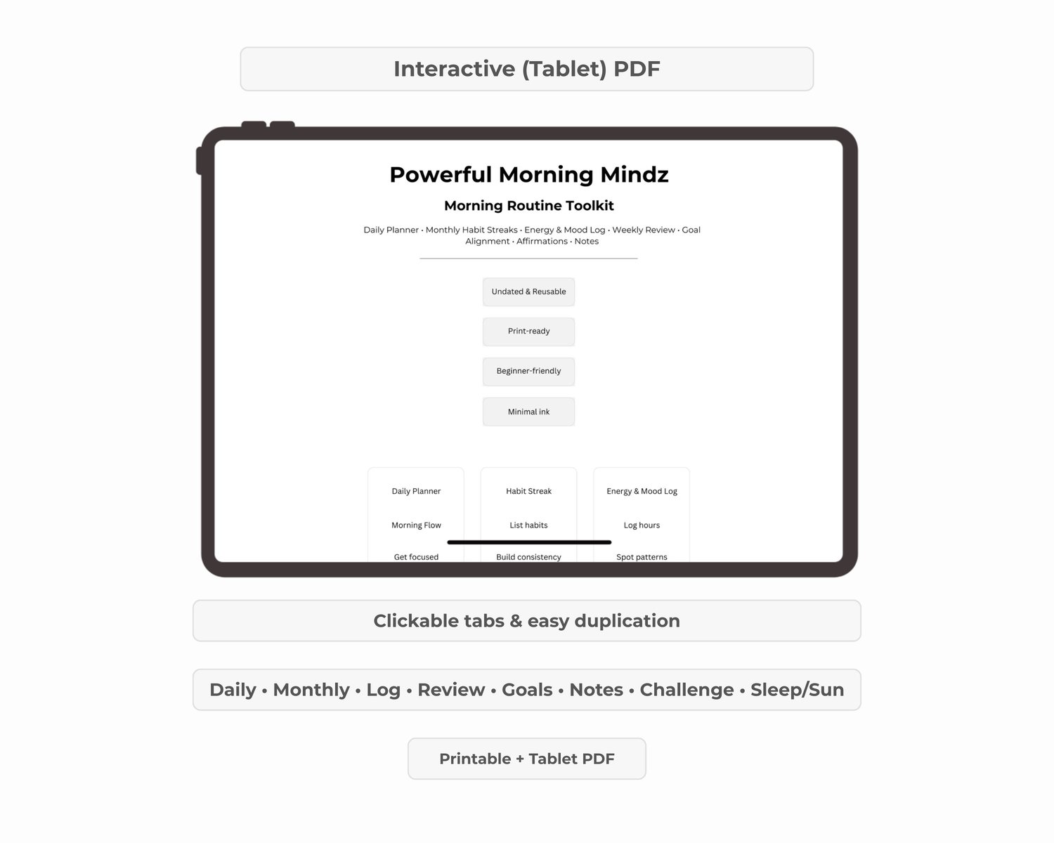 Tablet mockup of the Morning Routine Toolkit, showing printable and digital interactive planner pages designed for building consistent morning routines.