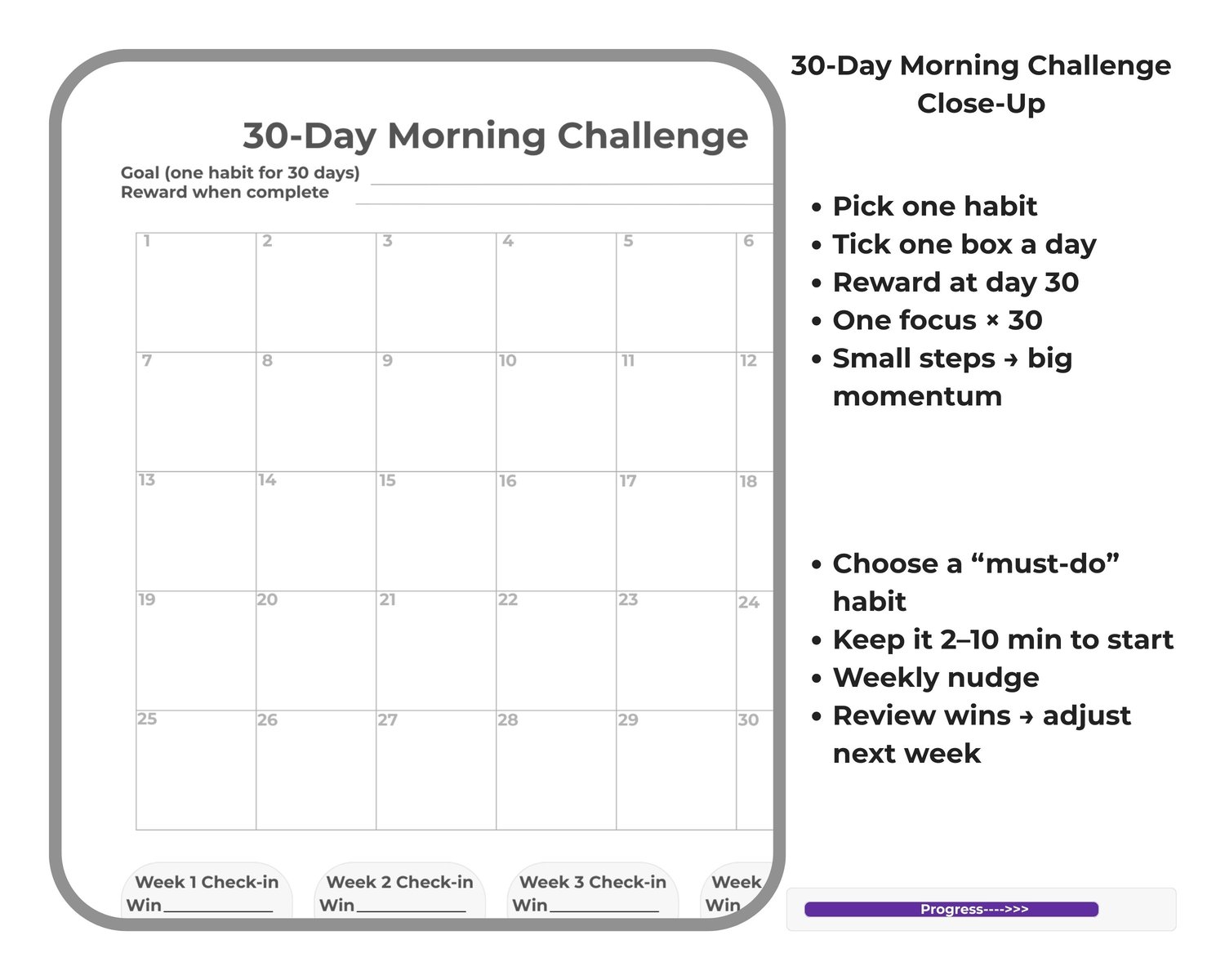 30-Day Morning Challenge page from the Morning Routine Toolkit, a printable habit tracker for building consistency and celebrating weekly wins.