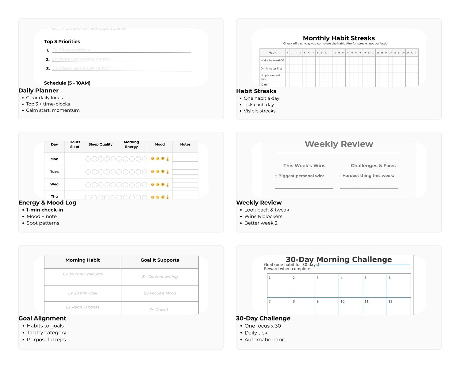 What’s Inside graphic for the Morning Routine Toolkit, listing tools like habit trackers, weekly reviews, energy logs, affirmations, and goal alignment pages.