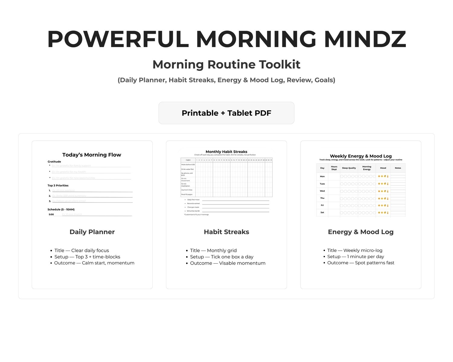 Hero mockup of the Powerful Morning Mindz Morning Routine Toolkit, featuring digital planner pages for daily focus, habit streak tracking, and energy logging.