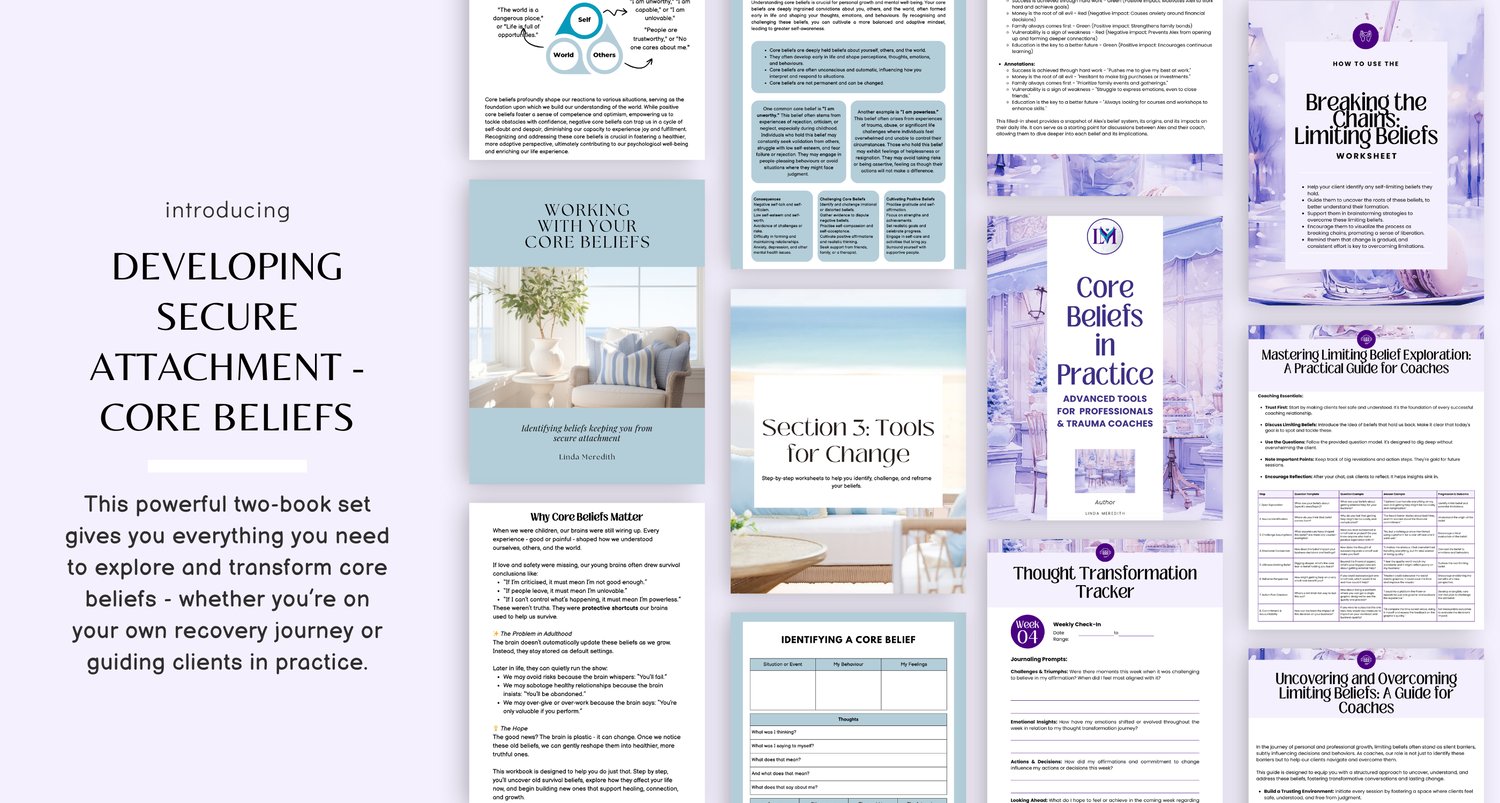 A soft, light-filled workbook cover featuring a calming coastal-style room with a white armchair and blue-striped cushions. The peaceful design reflects safety and gentle self-reflection, making it approachable for individuals beginning their CPtsd recove