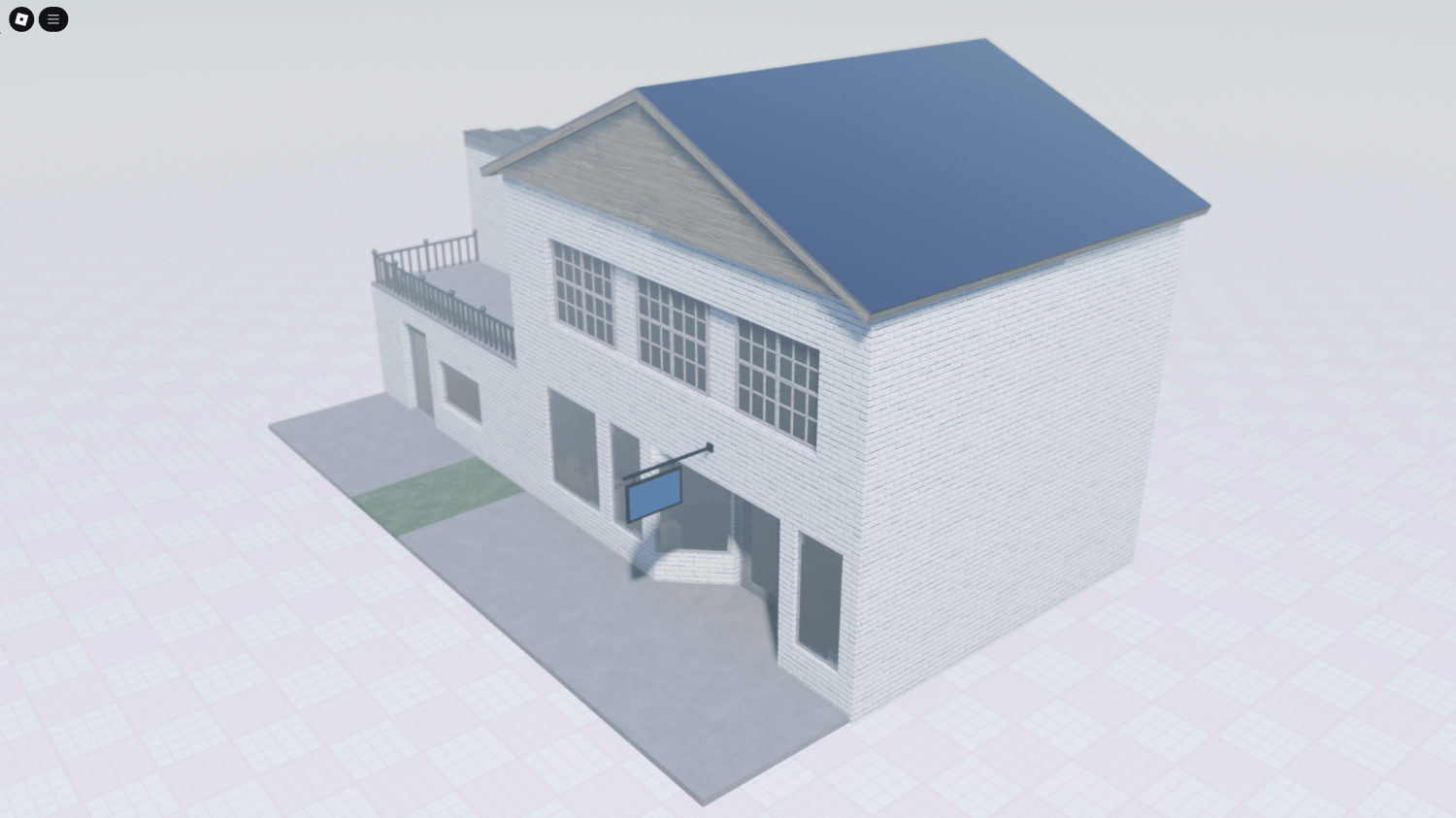 Roblox store building with wood roof and brick walls