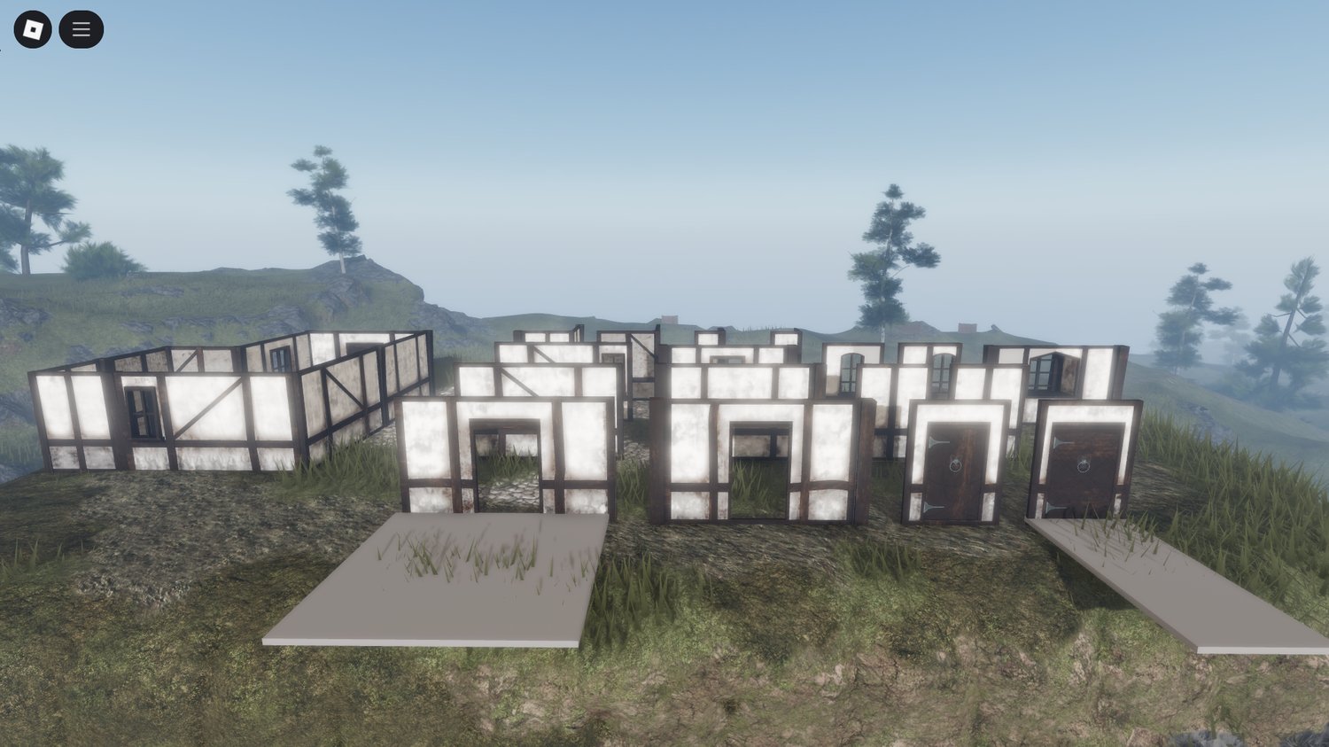 Roblox 3D medieval bundle with props, walls, and roofs