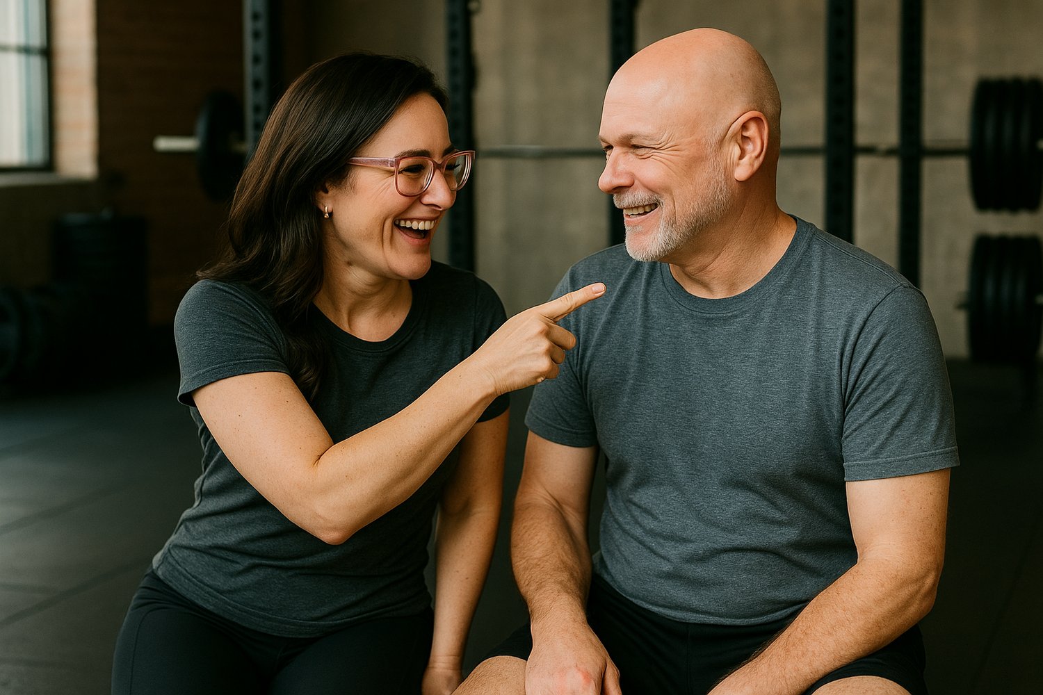 A woman and a bald man in matching gray workout shirts laugh together in a gym setting. The woman playfully points at the man as they smile at each other, seated on a bench with weightlifting equipment in the background.