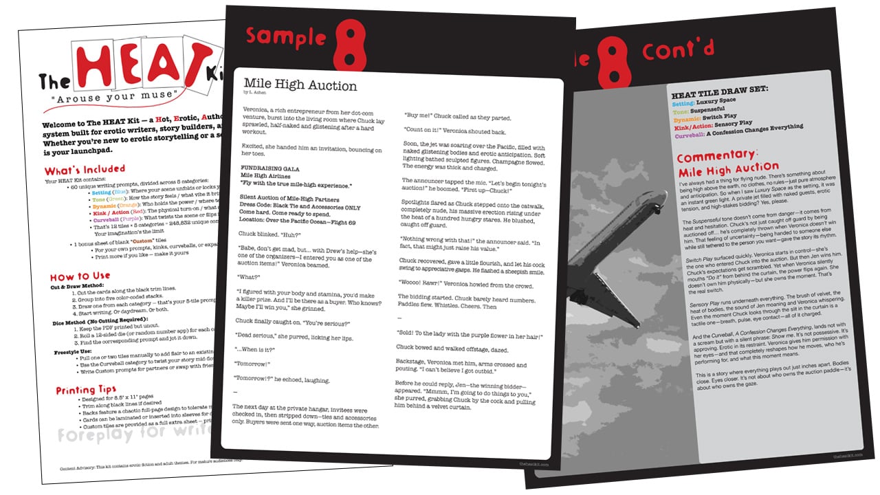 Previews of the kits instructions and a sample of how a sample story with its corresponding author commentary looks like