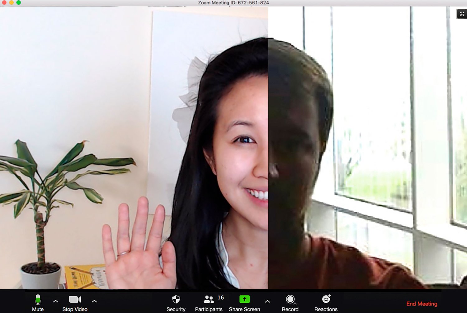 Zoom screenshot comparing good and bad lighting: on the left, a person lit clearly from the front; on the right, a person in silhouette with light coming from behind, illustrating The Creative Guide’s advice to face the light and clean your webcam for liv
