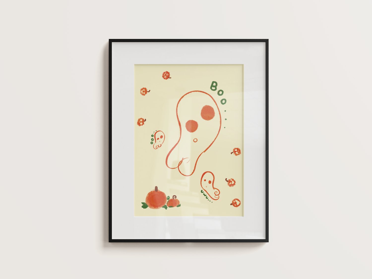 An art print of an abstract, wobbly ghost drawn in orange line art floats against a yellow background. Several smaller ghosts flank the biggest one. Small, abstract Jack-o-lanterns hop around the canvas happily. Two big orange pumpkins with green leaves a