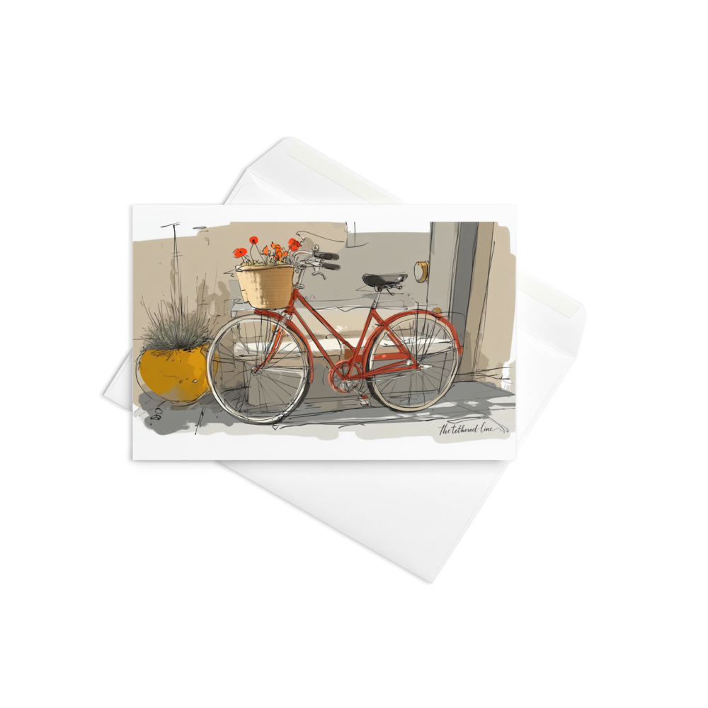 Greeting card with illustrated vintage bicycle from The Tethered Line — Wheels collection design.