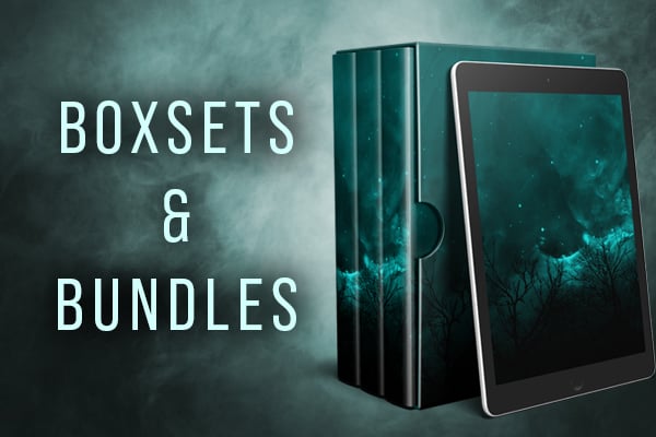A boxset of books without a title and an eReader propped against it. the text says 