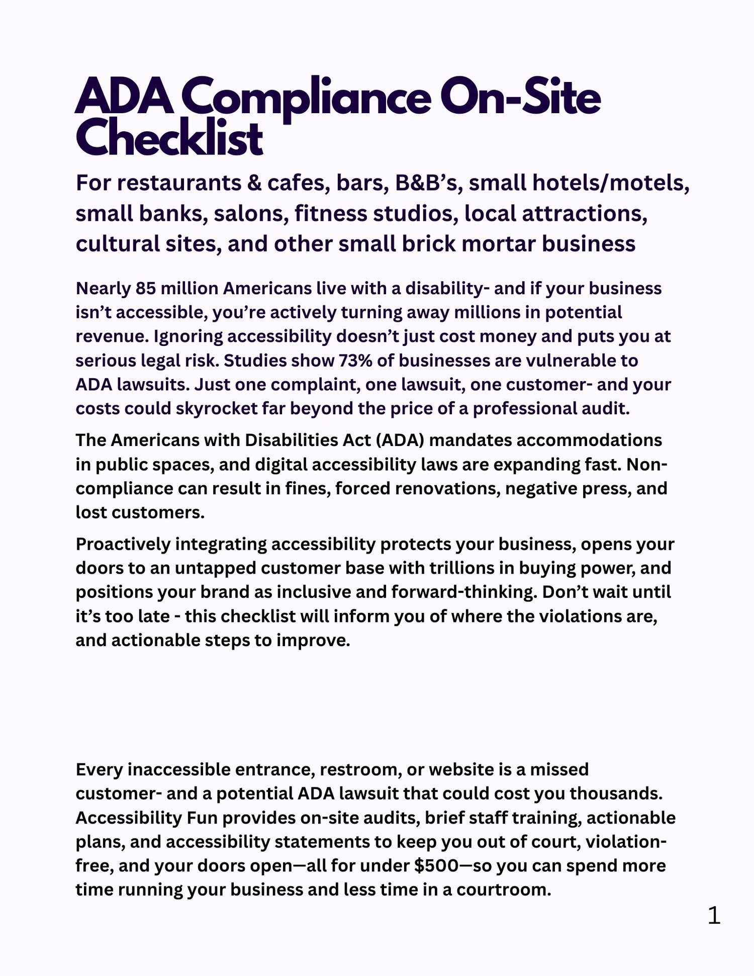 ADA Compliance on-site checklist for restaurants, cafes, bed and breakfast, hotels and motels, small banks, salons, fitness studios, gyms, local attractions, cultural sites, museums, and other small businesses