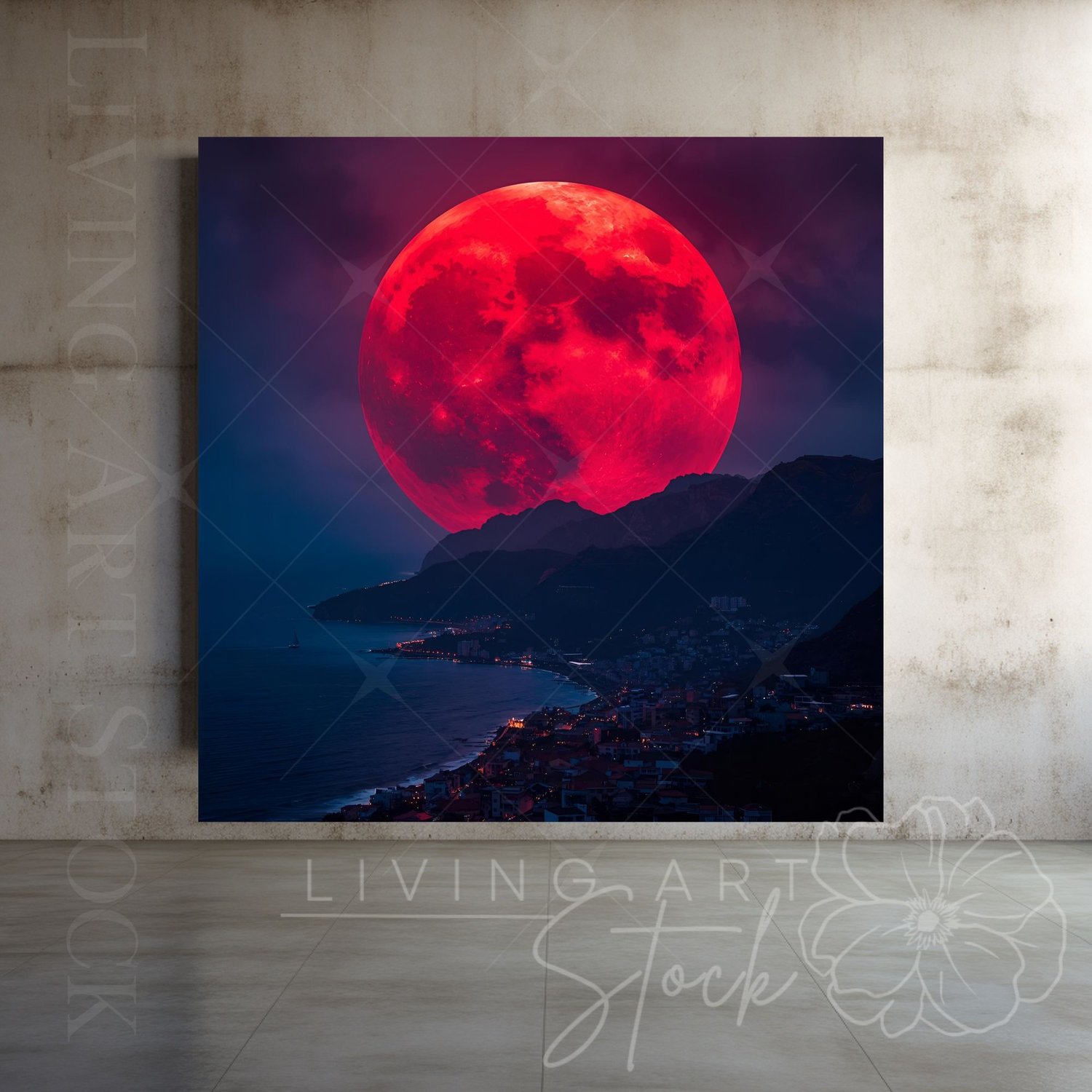 Big red blood moon over mountains and ocean