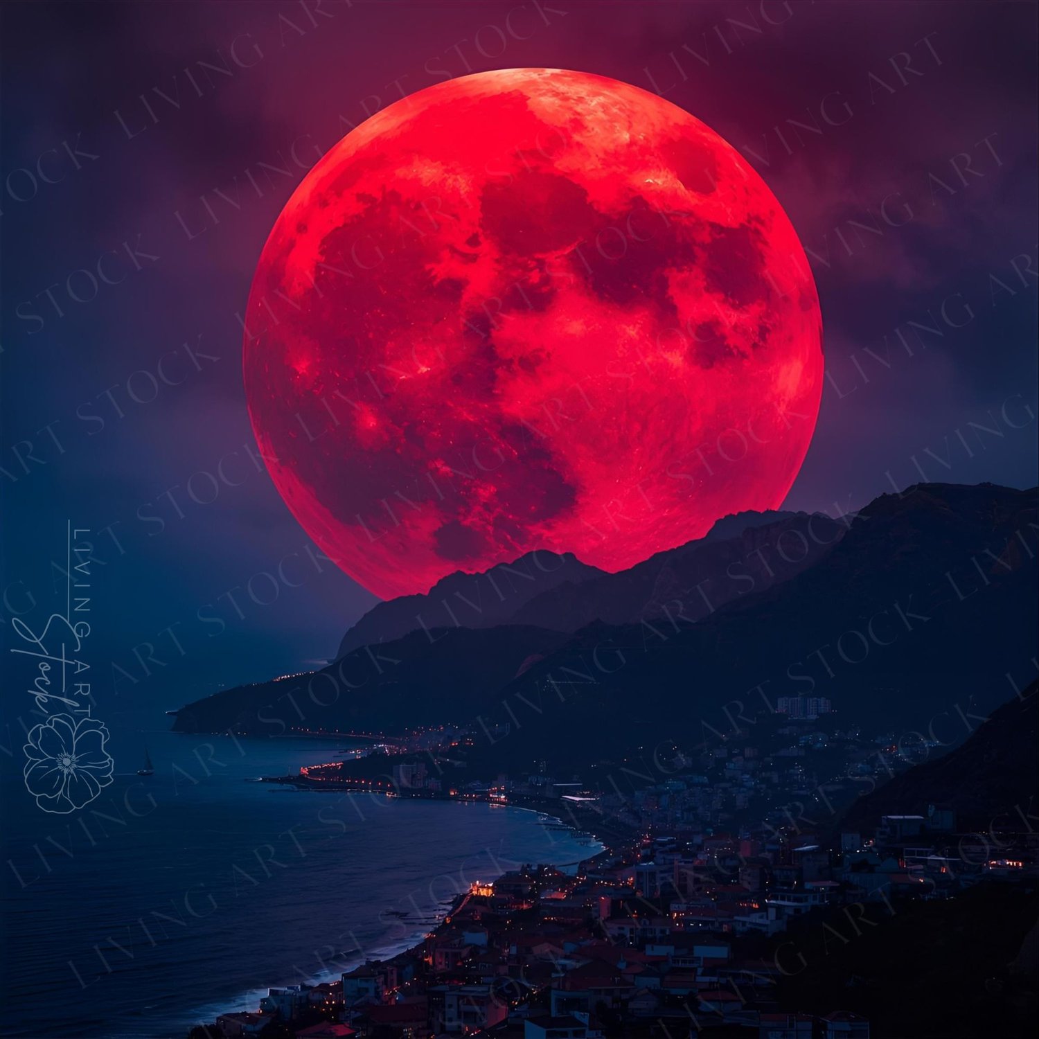 Big red blood moon over mountains and ocean