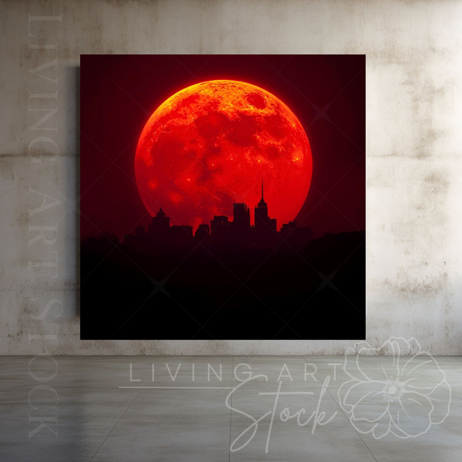 Large blood red moon skyine silhouette illustration