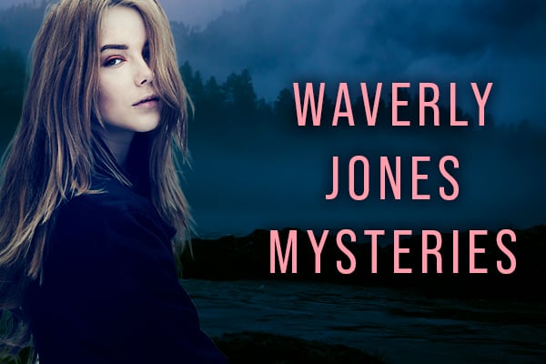A woman with long dark hair looking over her shoulder with her head tilted back. It says Waverly Jones Mysteries.