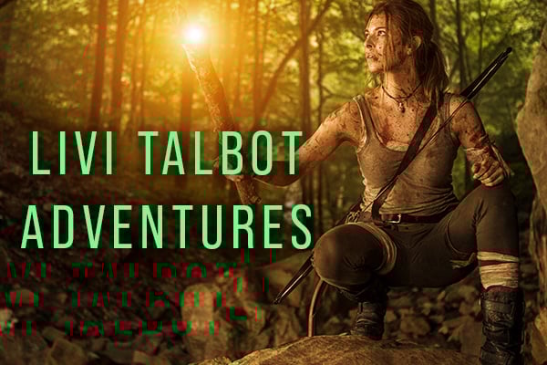 A woman in adventure gear is crouched on rocks in a forest and holding a torch. The words say 