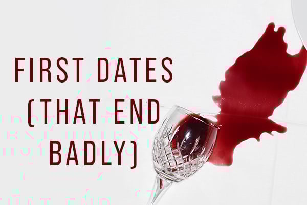 A glass tipped over, spilling red whine across a white tablecloth. The text says 