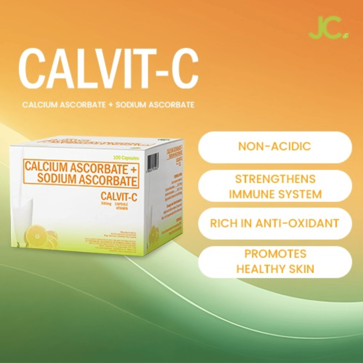 JC Premiere CalVit-C Vitamin 500mg | Calcium Ascorbate Non-Acidic Vitamin C Supplement, 100 Veggie Capsules Box