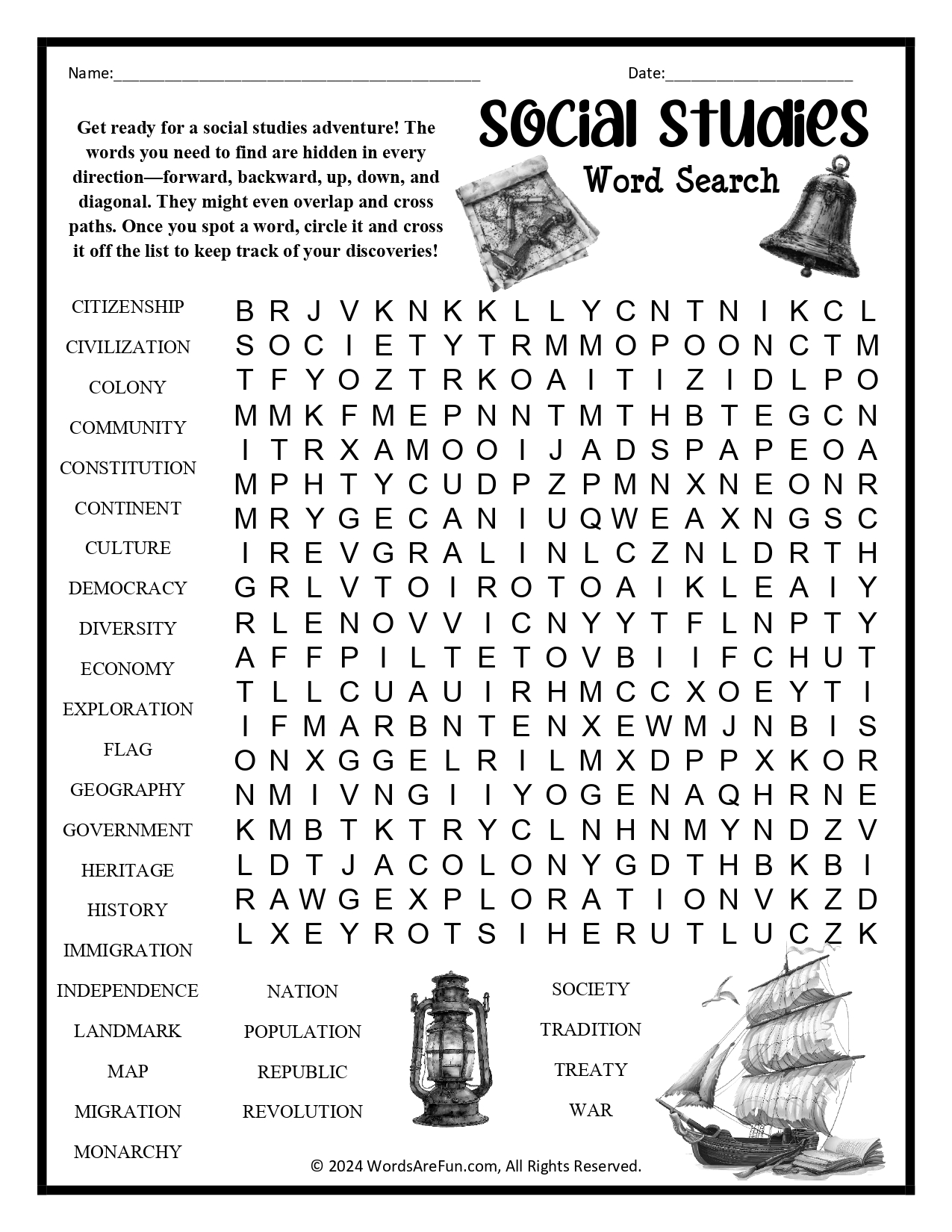 Social Studies Word Search Printable | History, Geography & Civics ...