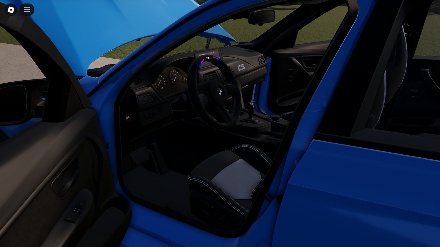 Detailed interior seats and steering of Roblox BMW M3 F80 CS