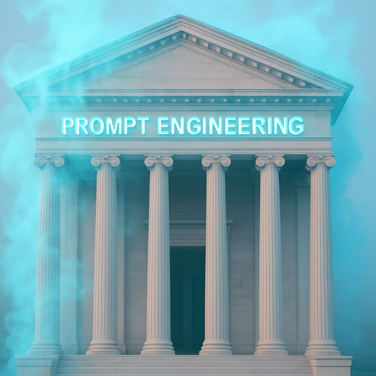 Pastel white neoclassical Roman‑style building with “Prompt Engineering” engraved on the frieze, surrounded by soft light neon‑blue cloud smoke, symbolizing AI creativity, advanced prompt design, and innovative artificial intelligence workflows.